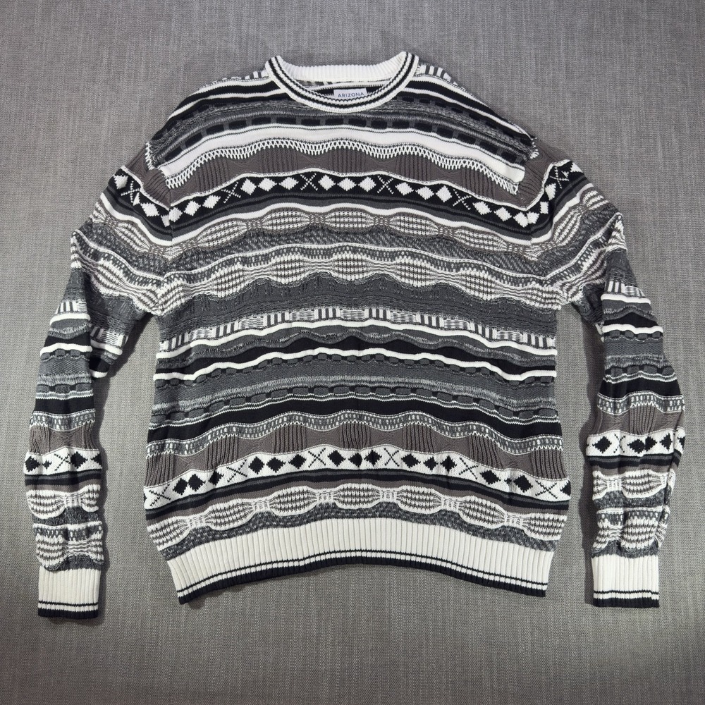 Arizona Jean Co Sweater Mens Large Gray Striped Cotton Knit Crewneck Pullover